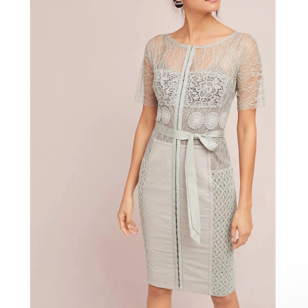 Anthropologie Byron Lars Carissima Gray Taupe Lace Tan Insert Sheath Dress 2P